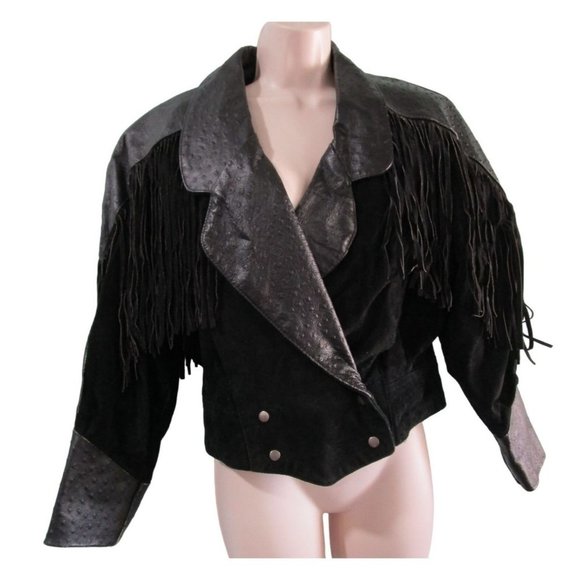 Suede Fringed Ostrich Print Leather Vintage Ladies M Jacket Broad Shoulder GUC - Picture 1 of 16